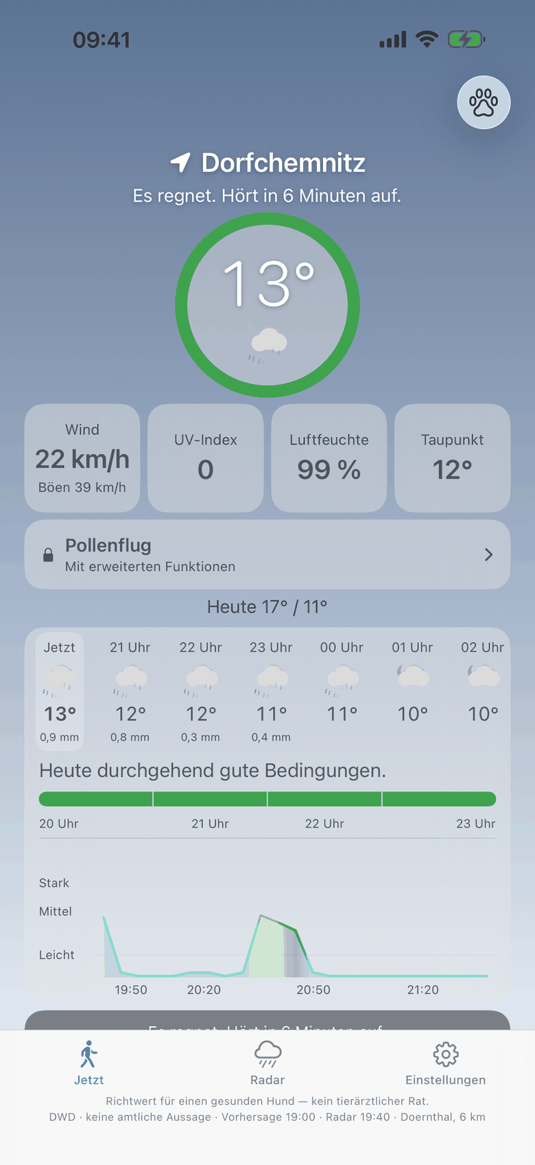 Jetzt-Ansicht der App: die Gassi-Ampel mit der Temperatur, darunter Messwerte, die Stundenreihe mit Regenmengen und der Regenverlauf